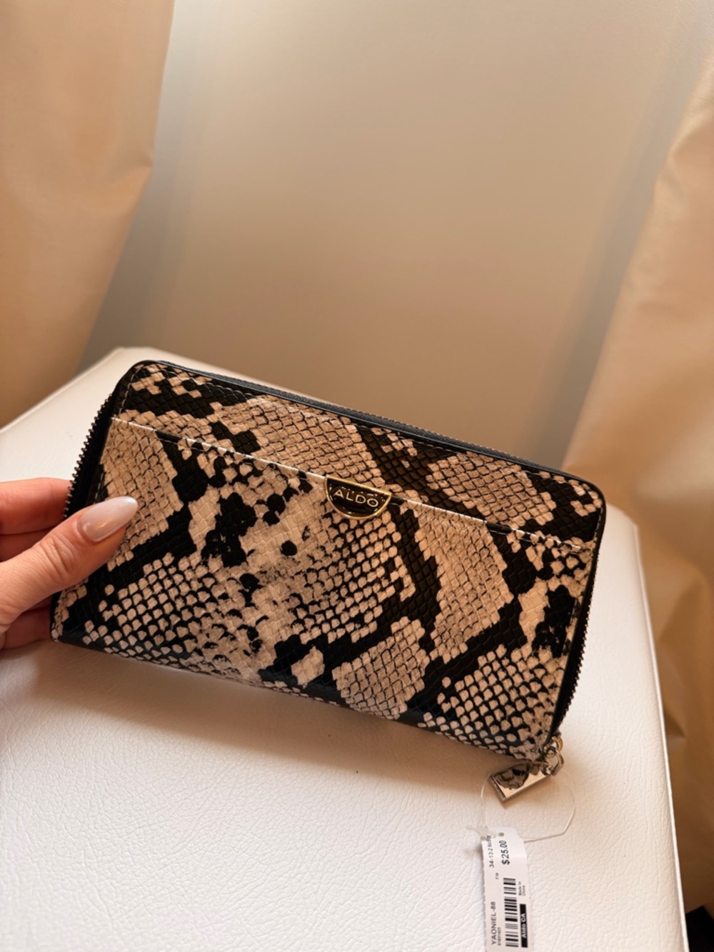 Aldo Snake-Print Zip Wallet in Beige and Black
